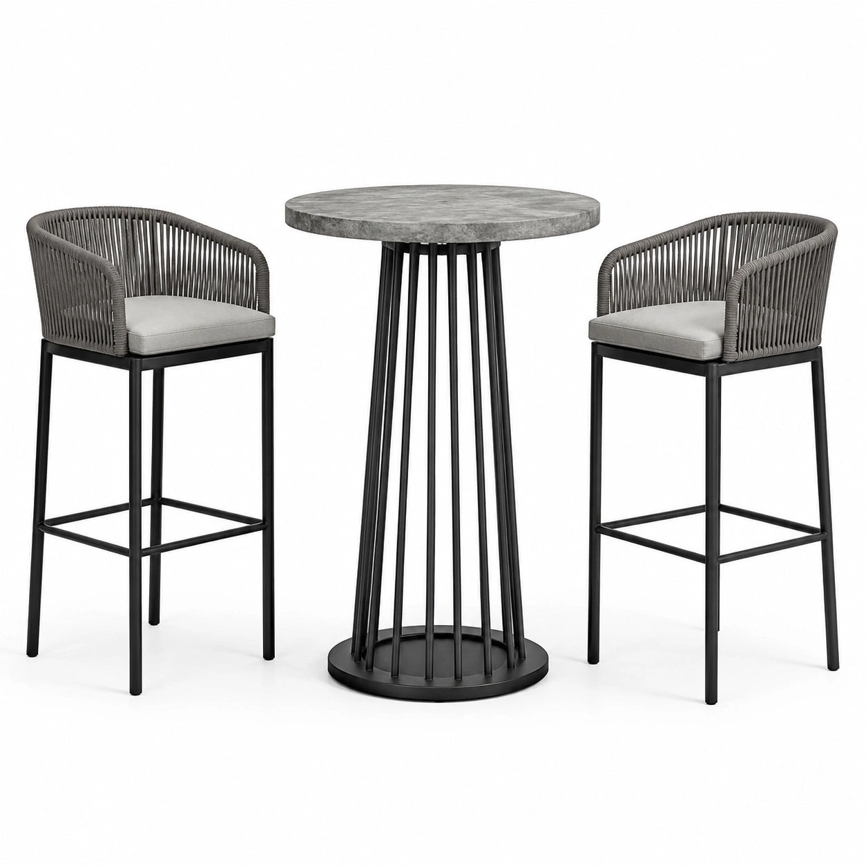 Rundes Bartisch-Set aus Steinimitat und Metall mit 2 Barhockern