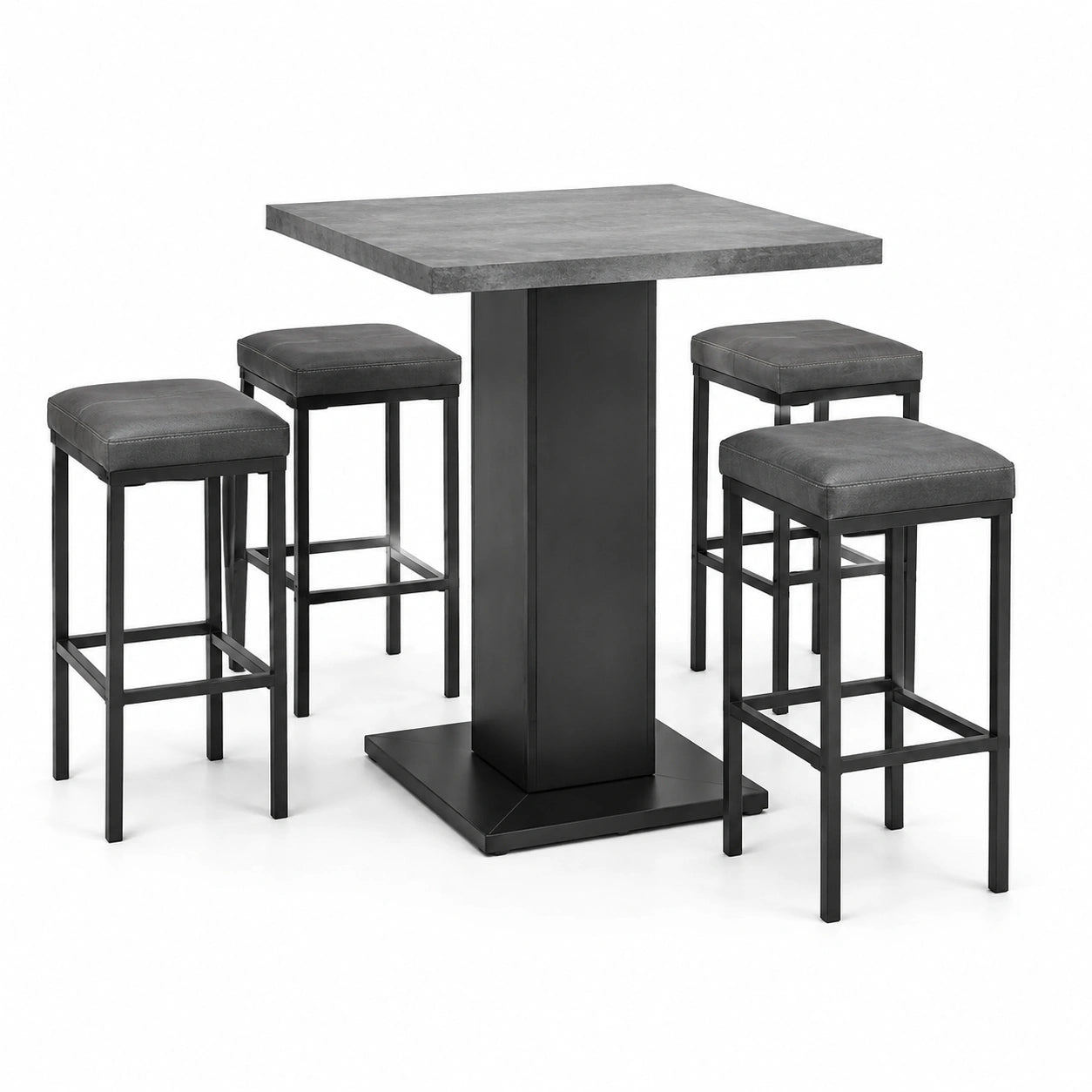 Bartisch-Set mit quadratischem Tisch und Hockern aus Metall und Kunstleder in Dunkelgrau