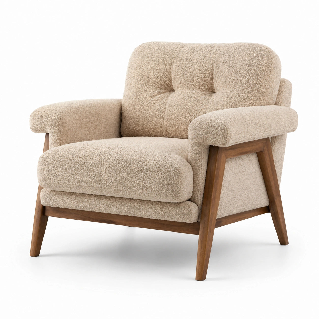Beiger Holzsessel aus Bouclé-Stoff