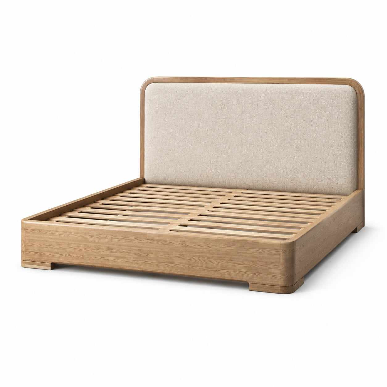 Doppelbett aus Eichenholz mit Leinenkopfteil Beige 200x180 cm