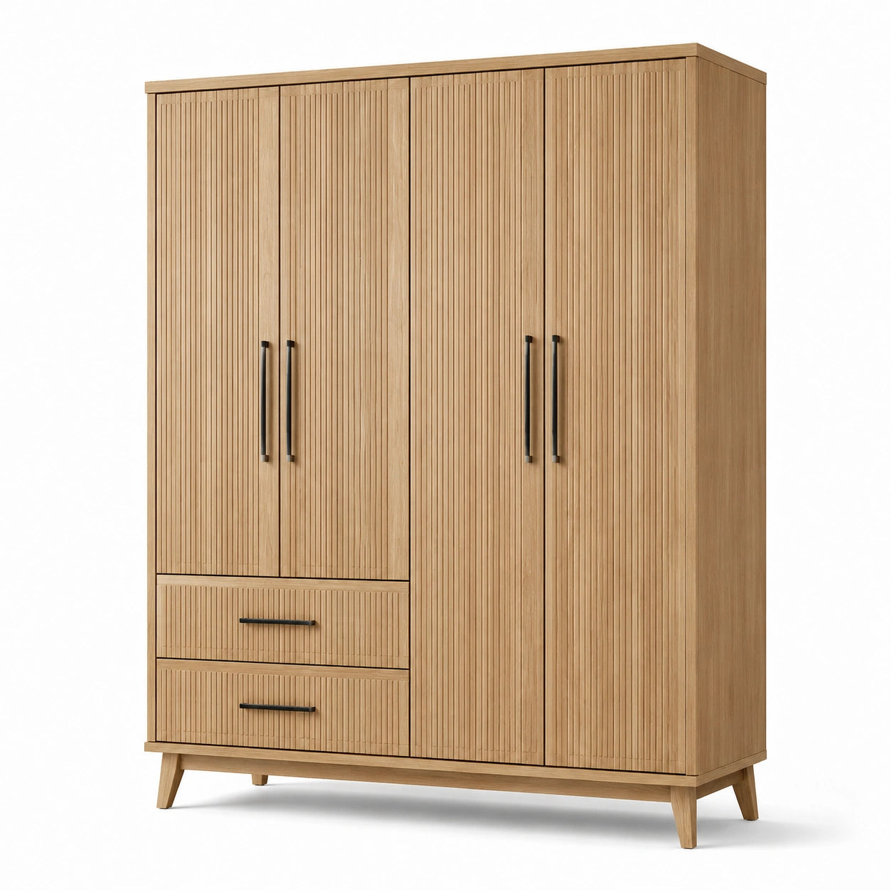 Holzkleiderschrank mit vier Türen und zwei Schubladen in Hellbraun