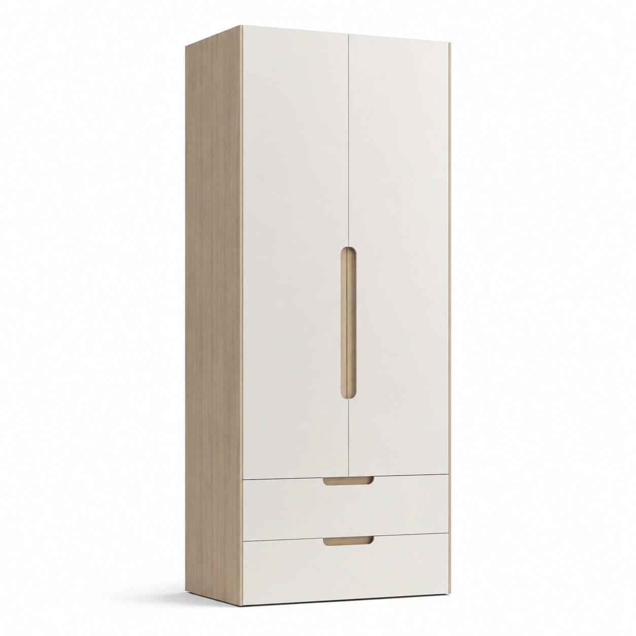 Kleiderschrank mit 2 Türen und 2 Schubladen aus MDF und Sperrholz, Off-White und Holzoptik 80x60x200 cm