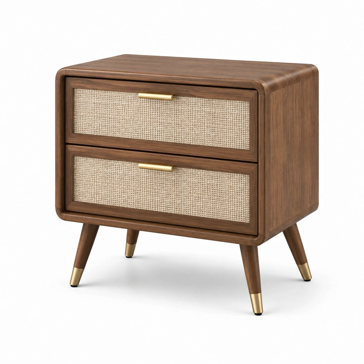 Nachttisch Walnussholz mit Rattan 2 Schubladen 60 cm Braun/Beige
